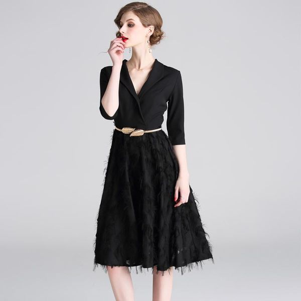 

party dresses 2021 spring autumn women's dress french retro suit collar feather stitching waist female slim x605, White;black