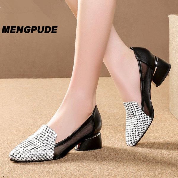 

mpd fashion high heels pattern pumps women pointed toe comfortable office shoe breathable mesh round toe shoes, Black