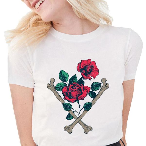 

women's t-shirt design fashion roses women vintage and bones print soft cotton t shirt white