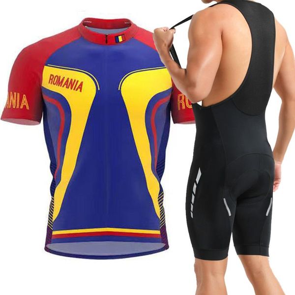 

racing sets summer romania national flag cycling jersey blue bike clothing wear bib shorts gel pad, Black;blue