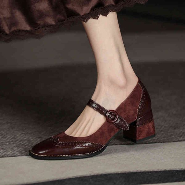 

sandals spring genuine leather mary jane women's shoes retro-buckle flat buckle toe pumps square foot thick heels woman phdx, Black