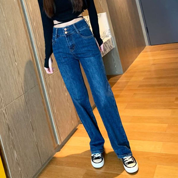 

high waist double elastic denim pants autumn casual slim women, Blue