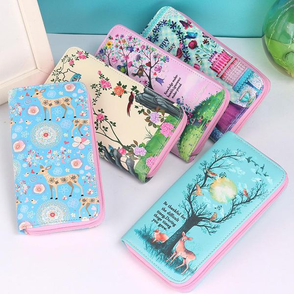 

wallets deer/birds/trees leather long wallet women zipper coin purses girls clutch female money holder with phone bag, Red;black