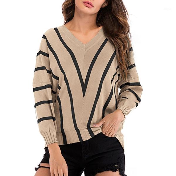 

striped v neck womens patchwork color comfort long sleeve knitted sweater winter casual pullover female clothing women's sweaters, White;black