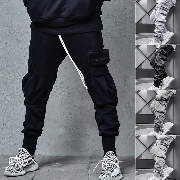 

4 colors mens pants pocket hip hop high street joggers overalls casual outdoor long trousers streetwear, Black