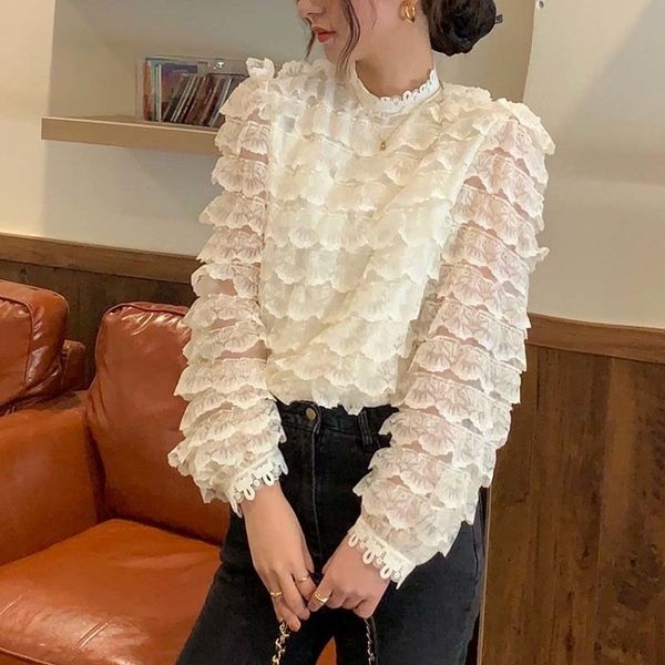 

retro design lace mending women's blouses o-neck long chic lady tops 2021 elegant spring shirt, White