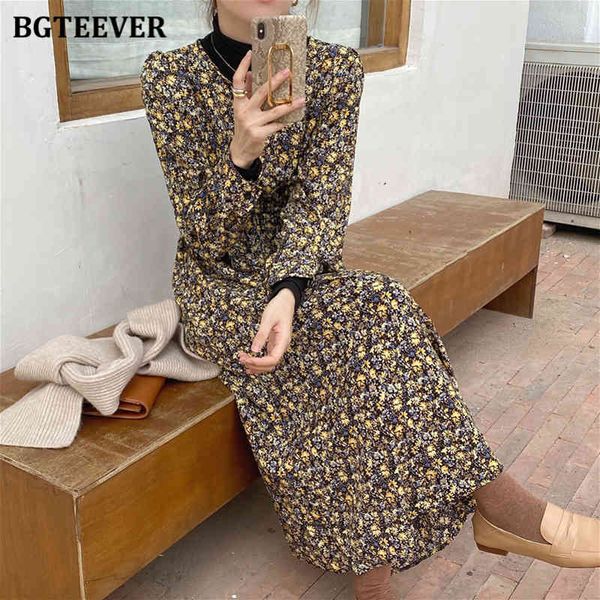 

dresses vintage o-neck floral print autumn long sleeve slim waist female a-line midi dress elegant vestidos femme fd3l, Black;gray