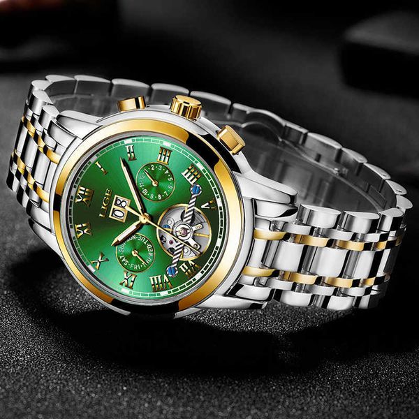 

lige mens watches brand luxury mechanical watch men full steel big dial month week date waterproof automatic clock+box 210527, Slivery;brown