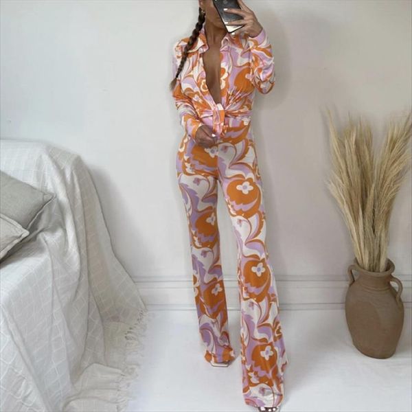 

vintage orange slim print womens pants shirt sets spring elegant flower matching ladies streetwear long sleeve suits, White