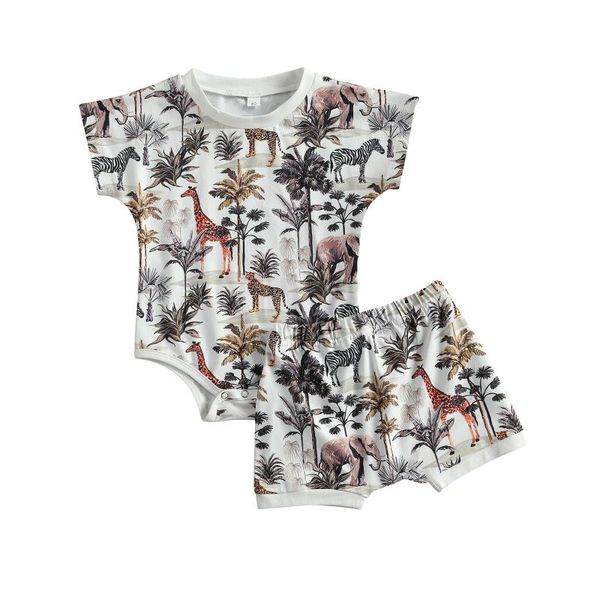 

kids baby 2-piece outfit set short sleeve animal print romper+shorts for children boys girls clothing sets, White