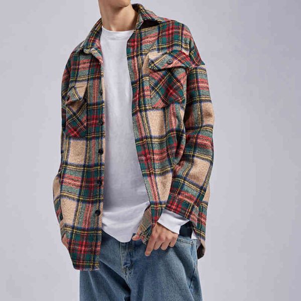 

t shirts winter khaki plaid thick flannel shirt patched pockets long sleeve cropped workshirt streetwear, White