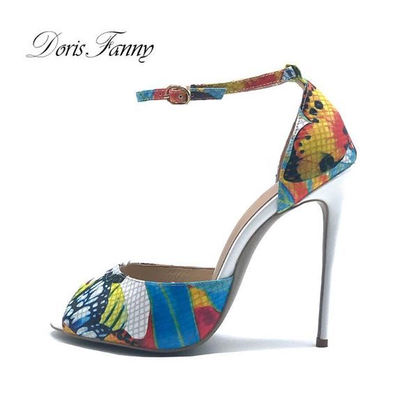 

dress shoes doris fanny women summer sandals printed leather strap sandal heels plus size high woman, Black