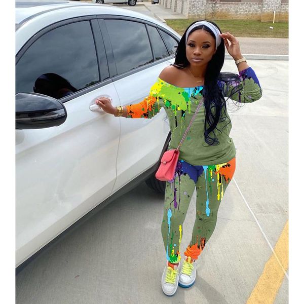 

2pcs training set tracksuit women floral print sloping shoulder long sleeve t-shirt trousers sportswear suit autumn gym clothing, White;black