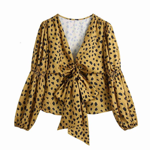 

women's knits & tees streetwear women leopard print shirts 2021 fashion ladies v-neck bow elegant female chic yellow satin lo, White