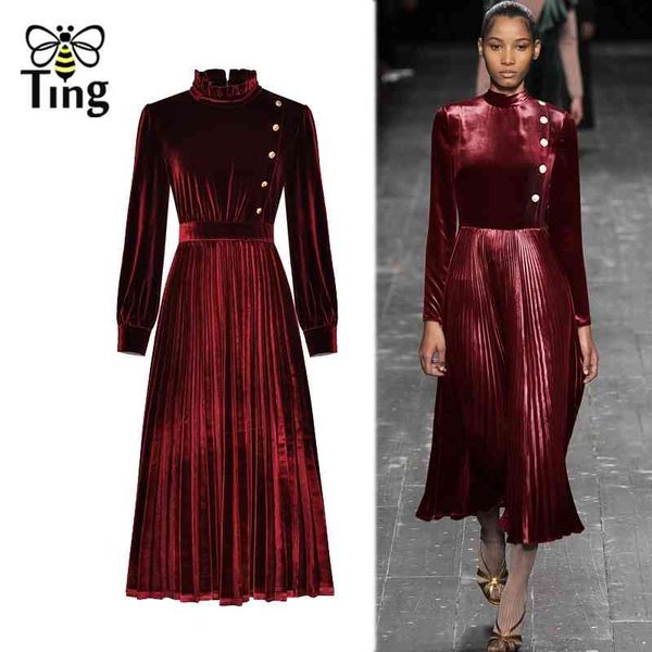 

fashion runway velvet pleated midi long dress vintage elegant button party dresses lady work plus size za 210513, Black;gray