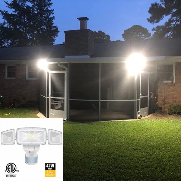 

floodlights 42w 3 head led security lights motion outdoor sensor light 3000 lumens 6000k waterproof lamp