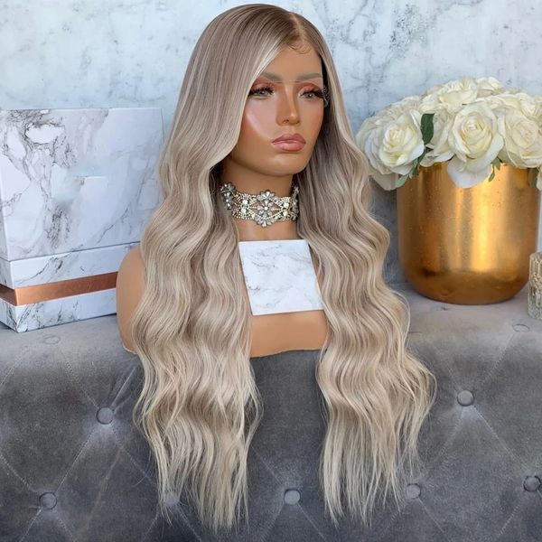 180 Densità Parrucca biondo platino con radici castano chiaro Evidenzia capelli umani Remy 13x4 Parrucche anteriori in pizzo per donne nere Pizzo trasparente Grigio Ombre pieno lacewigs