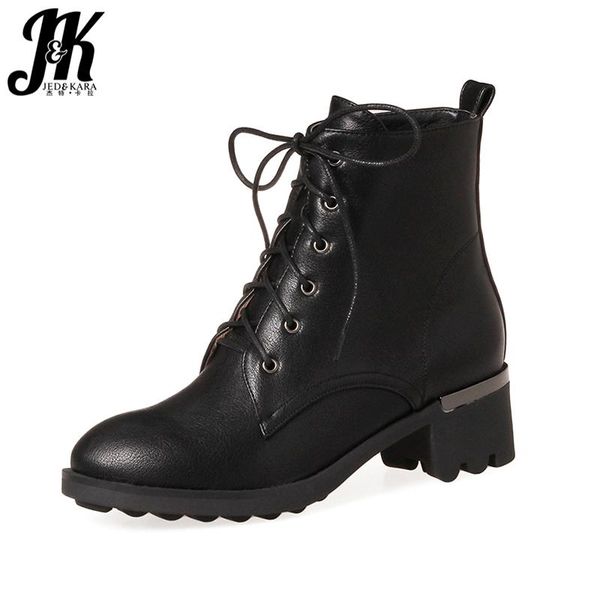 

boots j&k 2021 arrival square heel female footwear neutral lace up ankle soft winter skid proof woman shoes big size, Black