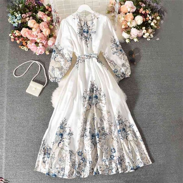 

dress women's autumn clothing retro print foreign style puff sleeve chic gentle wind long skirt hk110 210507, Black;gray
