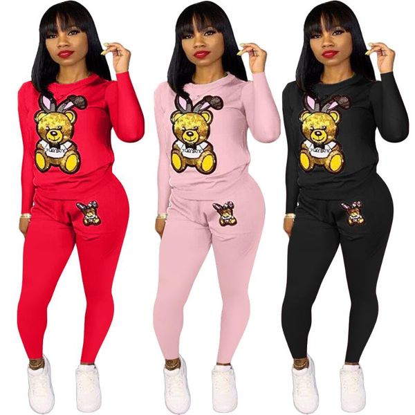 

women's two piece pants fashion set autumn women long sleeve sequin cartoon bear t shirt casual legging matching streetwear outfits, White