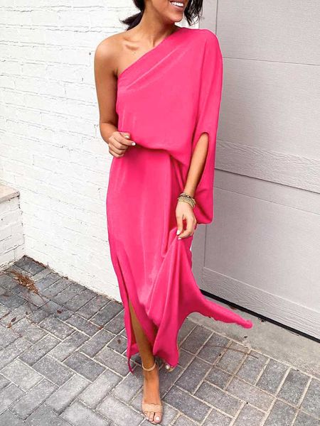 Mulheres 2020 Verão Babados Sólidos Desligado Um Ombro Vestidos De Manga Curta Solta Side Slit Longo Maxi Kaftan Dryslit Dress X0529