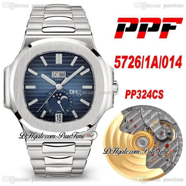 

ppf 5726/1a/014 full function automatic mens watch moon phase blue textured dial super edition stainless steel bracelet puretime 324cs pp324, Slivery;brown
