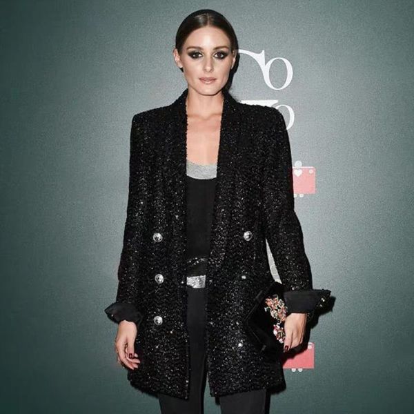 

fashion designer blazer women double lion buttons shawl collar glitter sequined long runway black blazers women's suits &, White;black