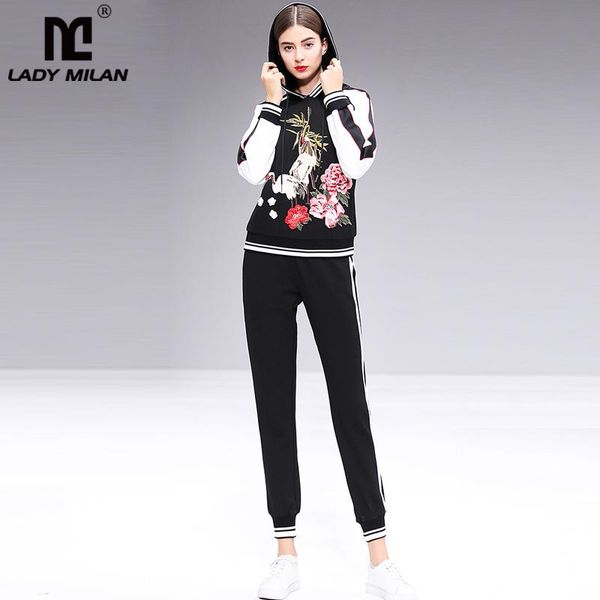 

women's two piece pants runway twinsets hooded collar long sleeves embroidery hoodies with striped fashion sets, White