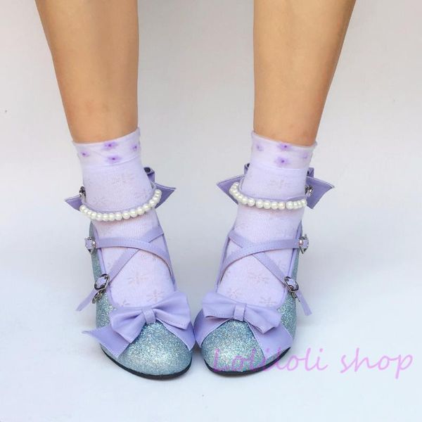 

princess sweet lolita shoes japanese design customized shaped flash blue with purple double bow tie high heel an5006 sandals, Black