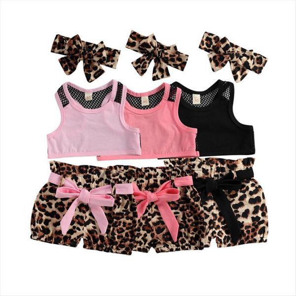 

summer toddler kids baby girl casual clothes mesh sleeveless crop tank leopard shorts 3pcs outfits set tracksuit, White
