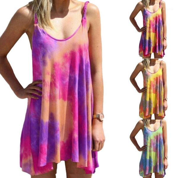 

sleeveless tie dye women mini sundress 2021 summer casual irregular beach dress vestidos gradient print femme sling dresses, Black;gray