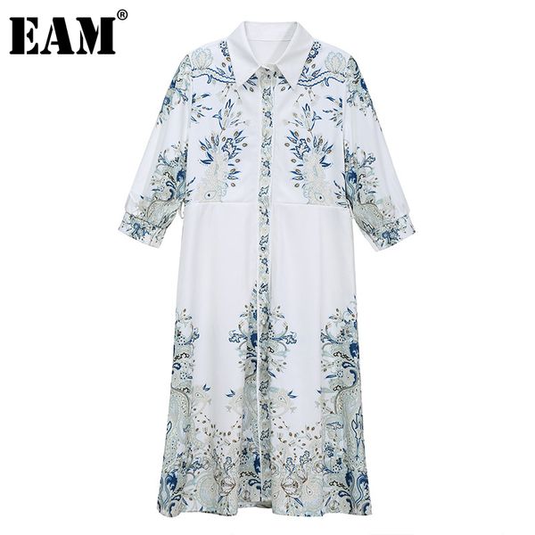 

[eam] women white pattern printed long dress lapel three-quarter sleeve loose fit fashion spring summer 1dd8717 210512, Black;gray