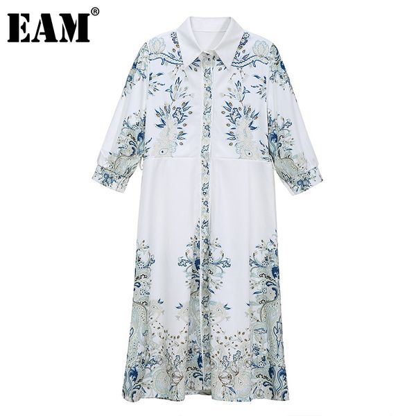 [Eam] Mulheres Padrão Branco Impresso Vestido Longo Lapela Lapela Sleeve Solta Fit Moda Primavera Verão 1d8717 210512