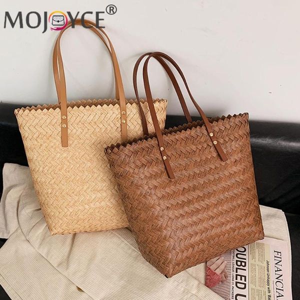 

evening bags fashion solid color large capacity travel handbags casual all-match beach vacation straw woven shoulder women's tote bag