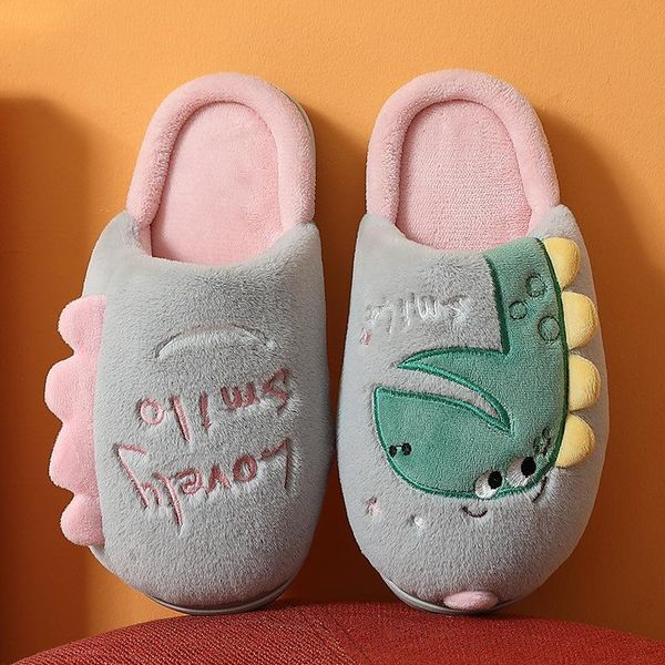 

autumn and winter cotton slippers men's indoor home warm non-slip thick bottom cartoon dinosaur woolen slipper, Black