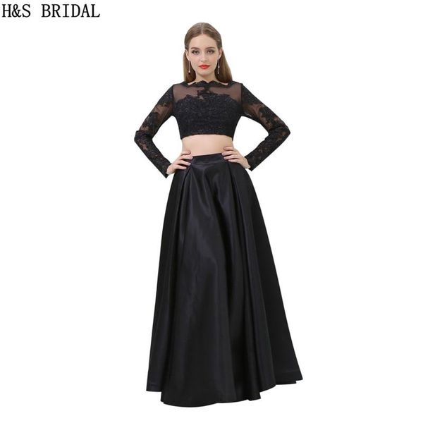 

party dresses h&s bridal long sleeve prom two pieces for lace applique gown vestido de festa, White;black