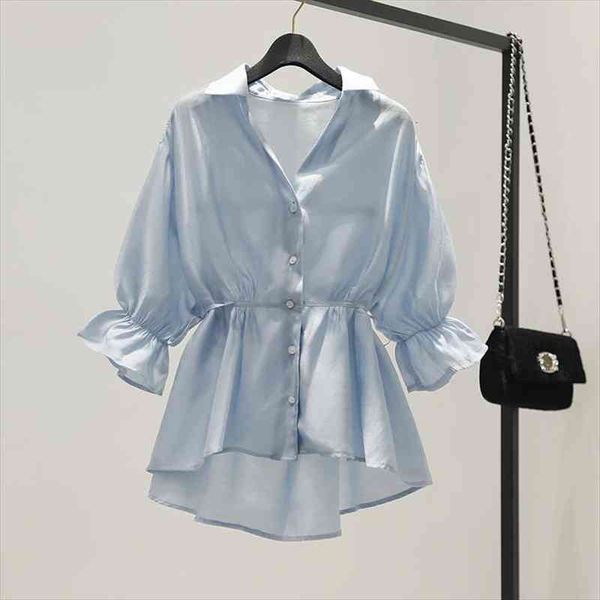 

v neck skirt summer chiffon womens shirts loose lotus leaf doll shirt blusas mujer de moda, White