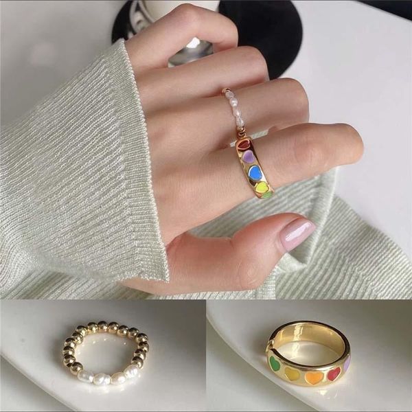 

cluster rings retro geometric color love pearl ring vintage simple ins open adjustable heart for women girls fashion jewelry, Golden;silver