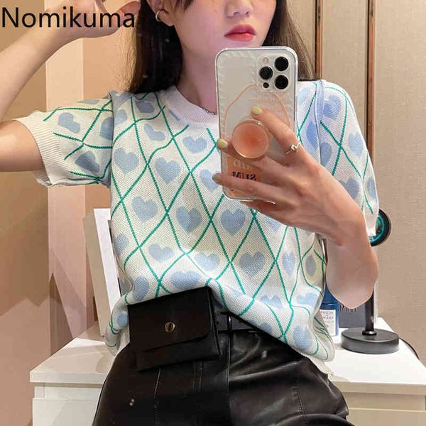 

nomikuma short sleeve knitted t shirts women love heart pattern o neck sweet tshirts korean style summer camisetas mujer 210514, White