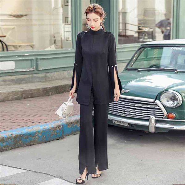 Moda elegante da donna in due pezzi Camicetta nera a maniche lunghe con spacco sexy + tailleur pantalone svasato a vita alta 210520