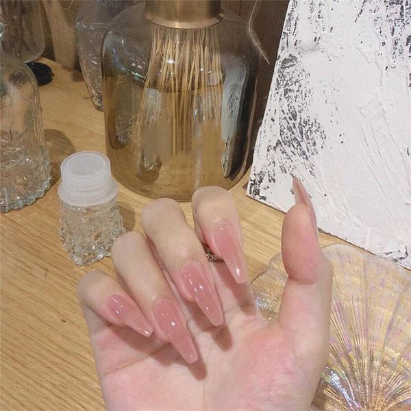 

pcs/set transparent pink extra long ballerina fake nails reusable ultra thin fashion coffin finished false with glue, Red;gold