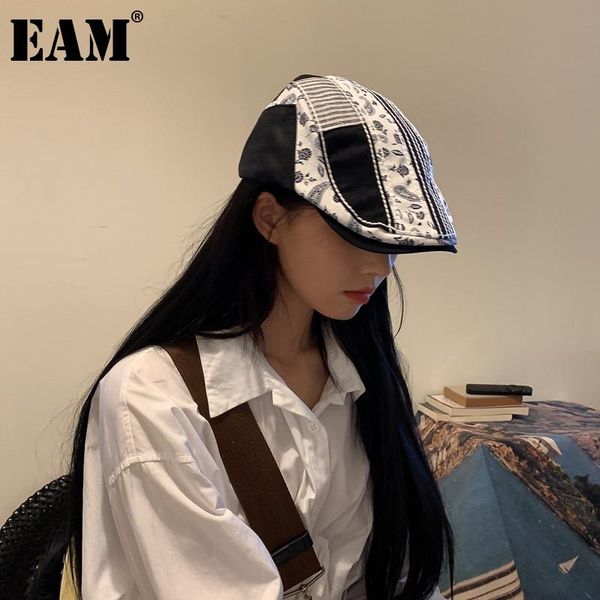 

berets [eam] women printed spliced vintage hat round dome temperament fashion tide all-match spring autumn 2021 1de1316, Blue;gray