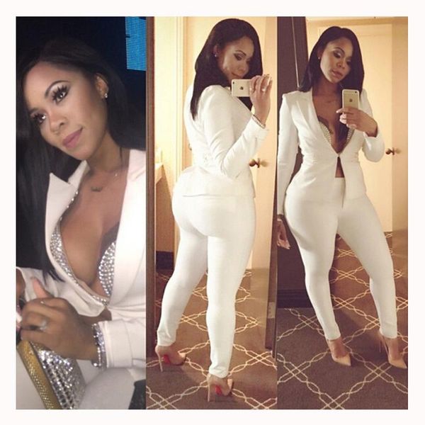 

women's two piece pants suit casual deep v-neck jacket streetwear two-piece ol single-breasted set spring autumn blazer pencil suits, White