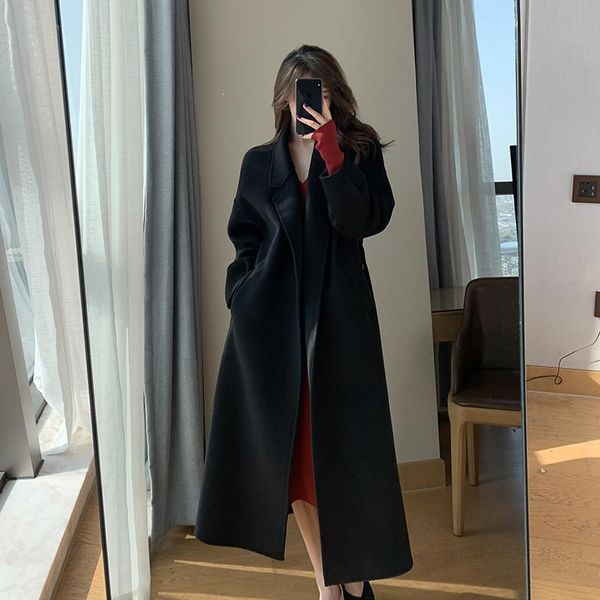 

women's wool & blends 2021 women coat winter clothing fashion warm woolen outerwear female long elegant cardigan solid, Black