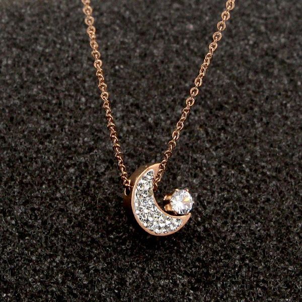 

pendant necklaces and delicate crescent moon crystal necklace for women titanium steel gold rose color jewelry, Silver