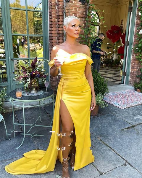 

yellow satin mermaid evening dresses off the shoulder side slit prom gowns sheath simple formal party, Black;red