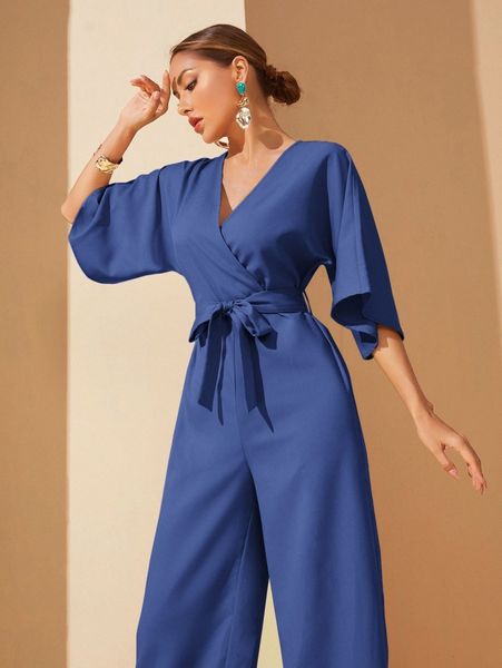 

surplice front belted wide leg jumpsuit a42b#, White