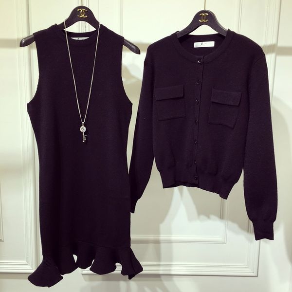 

two piece dress autumn women knitted coats+fishtail sets knitting solid coat and ruffles mermaid es set for ladies woman jflf, White