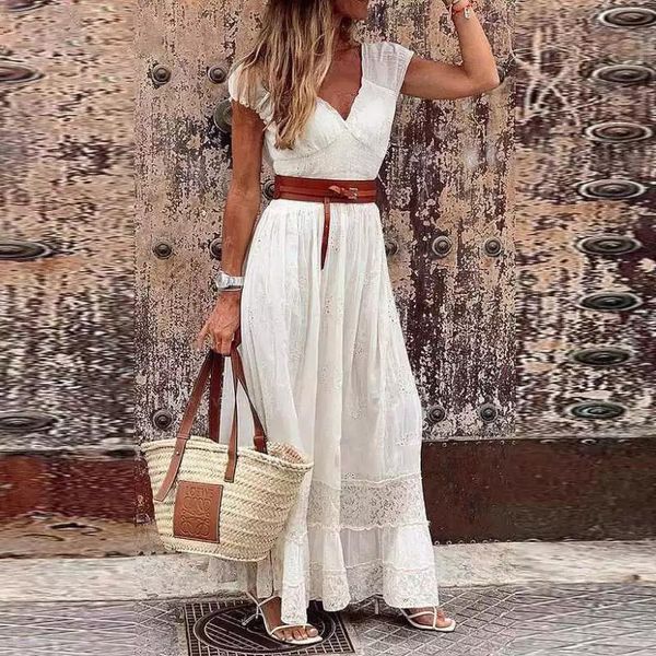 

casual dresses women summer hollow out lace dress vintage v neck ladies long party female solid loose boho maxi vestidos, Black;gray