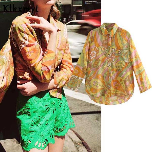 

klkxmyt za shirt women yellow print summer woman vintage button up long sleeve blouse female streetwear casual 210527, White